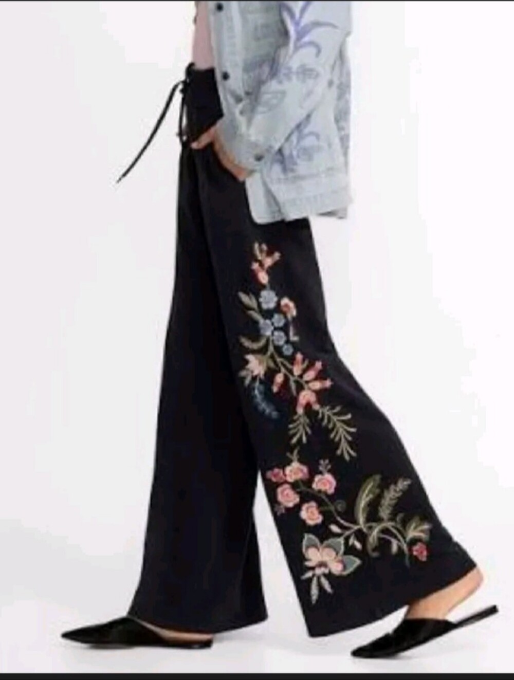 Johnny Was Embroidered Wide-Leg Black Pants with Floral Detail, Xl